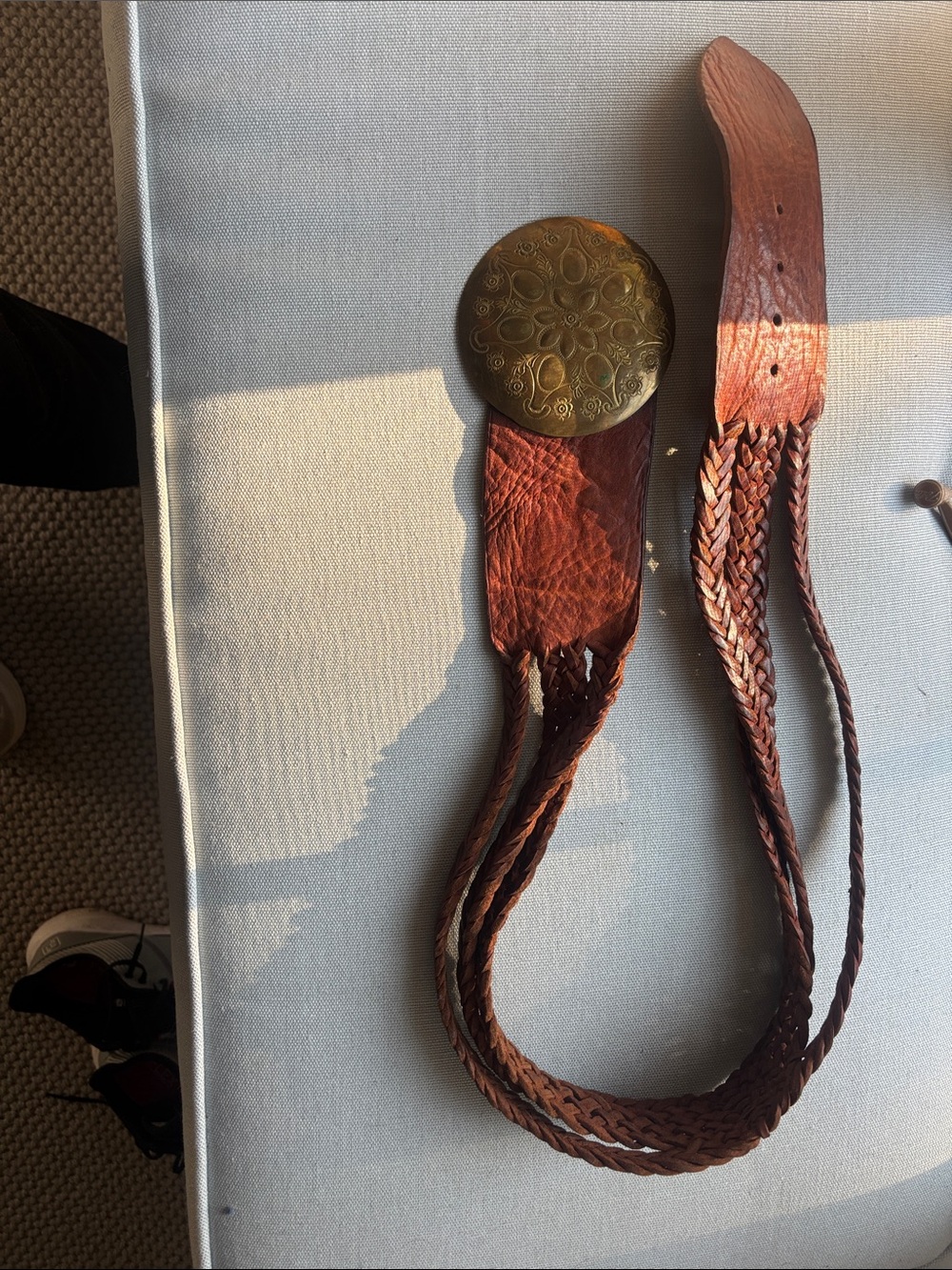 Vintage braid Brown Leather Belt with Decorative Brass Buckle -women’s access.
